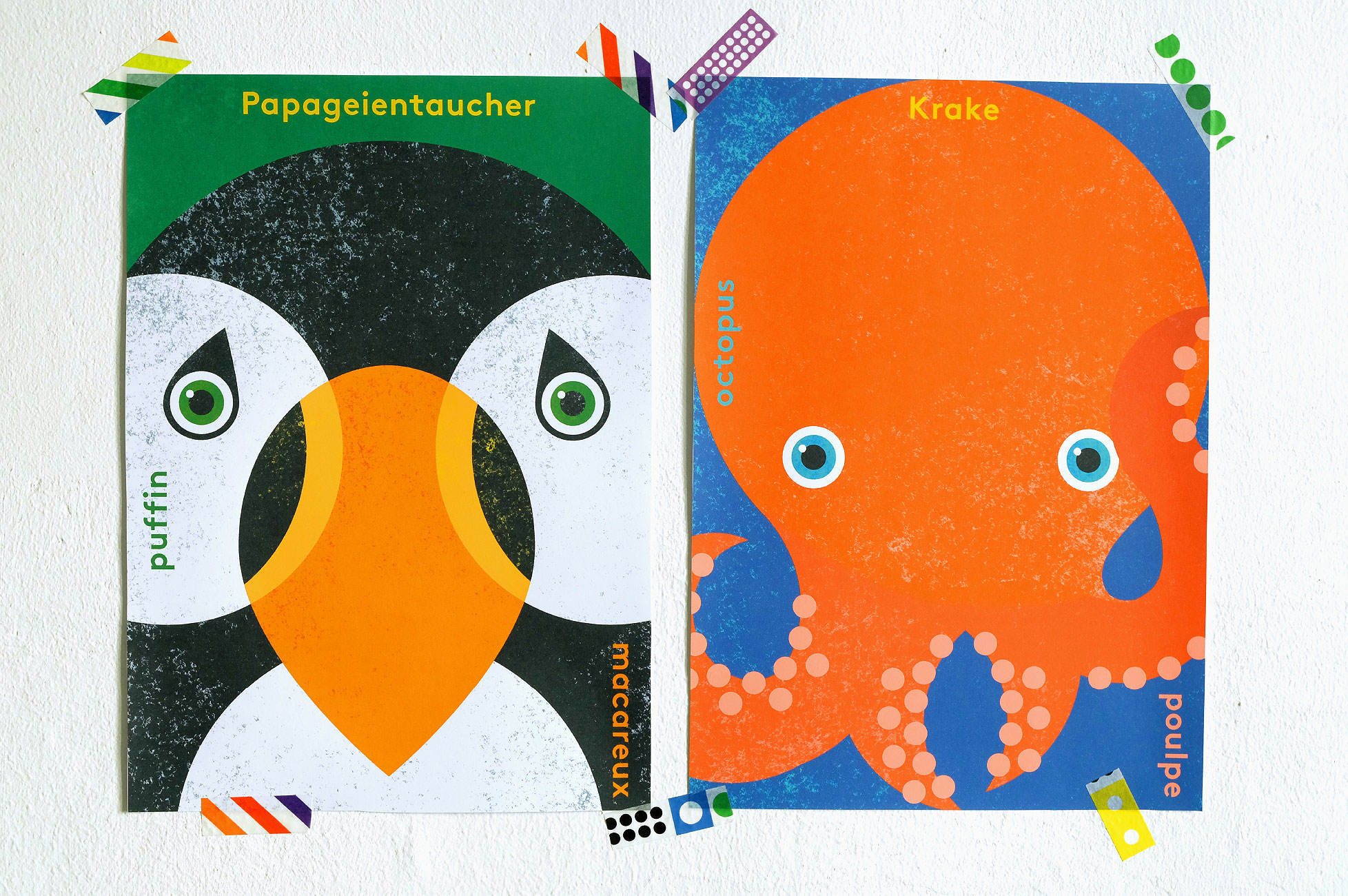 animal posters – puffin and octopus